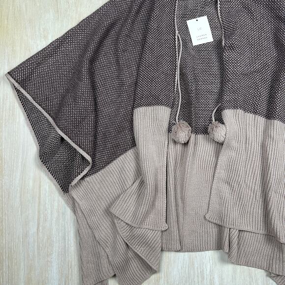 NWT LC Lauren Conrad Poncho Sweater Shrug Colorblock Boho Pom Pom Tie Front OS - Picture 5 of 12